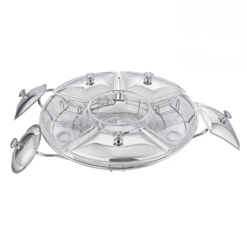 Rechaud Giratório Com 6 Compartimentos Aço Inox e Vidro 52cm
