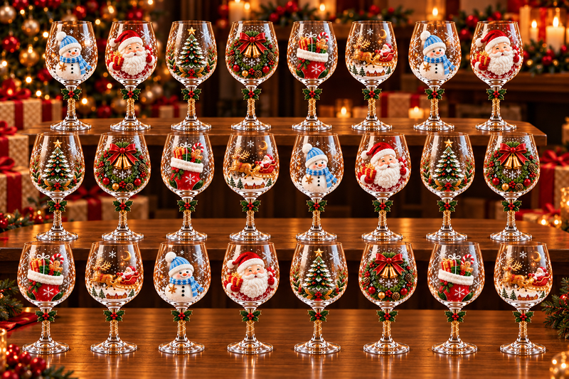 Conjunto de 6 Taças de Vinho Especial de Natal | Taças de Vidro 3D Natalinas