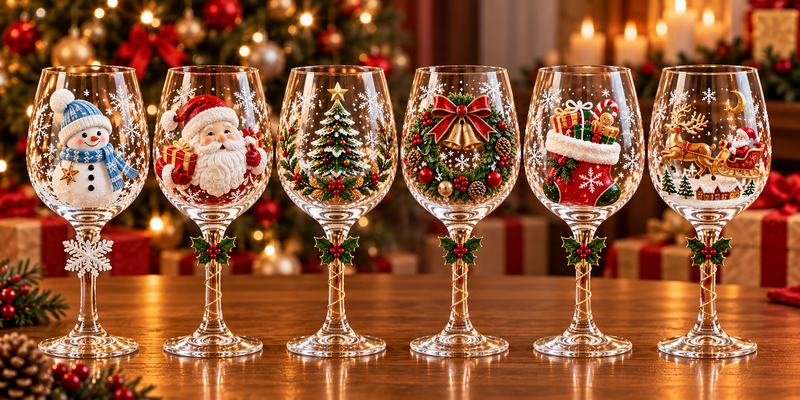 Conjunto de 6 Taças de Vinho Especial de Natal | Taças de Vidro 3D Natalinas